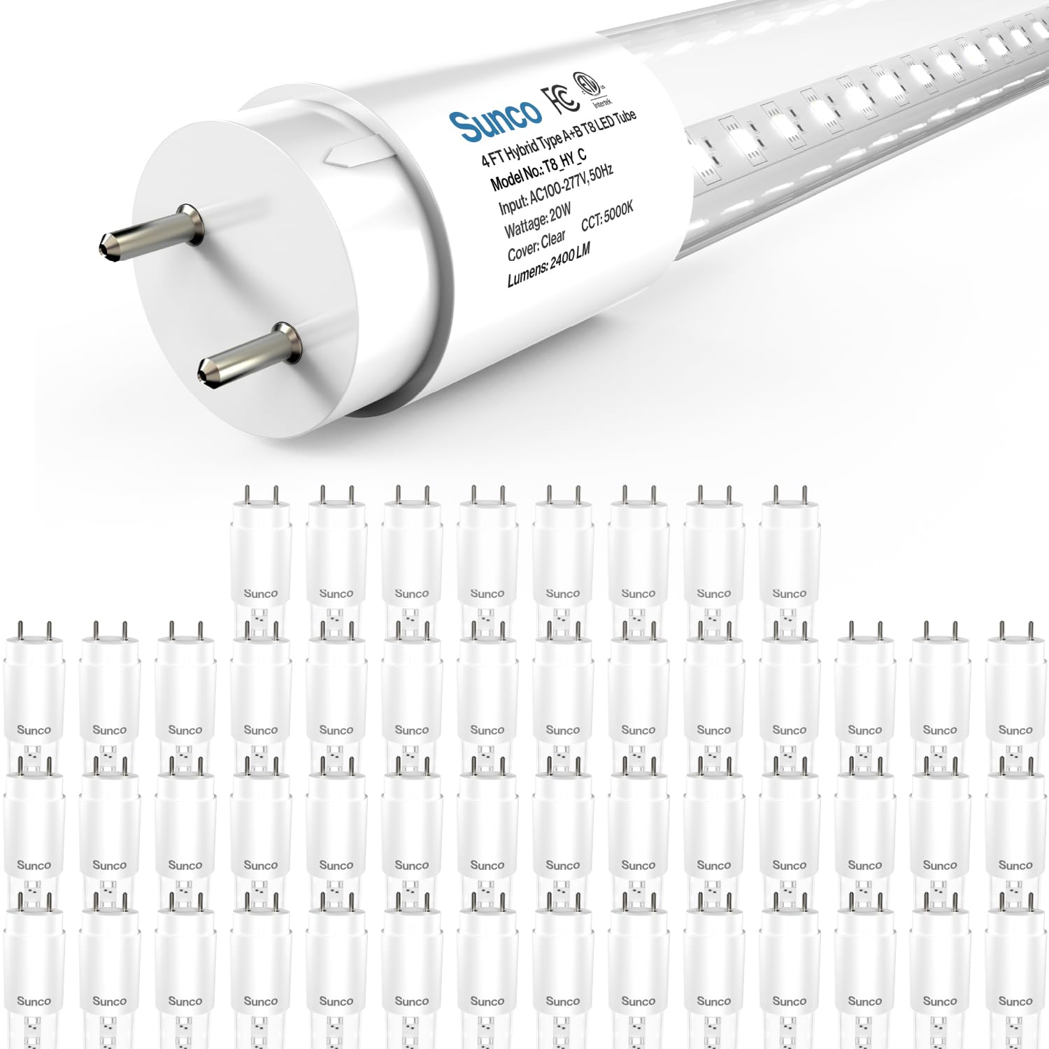 Photo 1 of Sunco 50 Pack T8 LED Bulbs 4 Foot, 48 Inch Tube Light Bulbs Fluorescent Replacement, Single or Double Ended Hybrid Type A+B, 2400 LM, 20W, 5000K Daylight, Clear Lens ETL