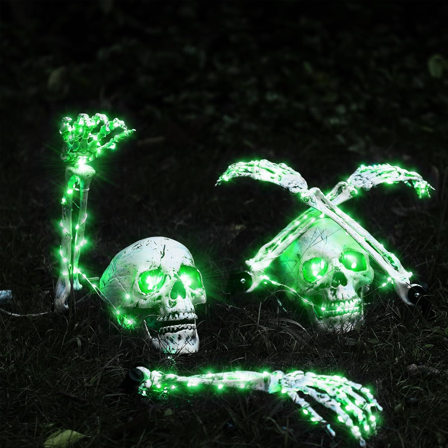 Decorative Garden Stakes - 6 Pcs Halloween LED Skeleton Skull Hands Halloween Skeleton Decoration Stakes Glowing Skeleton Arm Stakes with Lights LED Halloween Skull and Arms for Halloween Indoor Outdoor Graveyard Decor (Green)