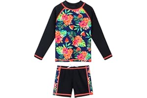 BAOHULU Girls Rash Guard 3 Pieces Swimsuit Long Sleeve Bathing Suit UPF 50+ Beach Swimwear 5-12 Years with Matching Headband
