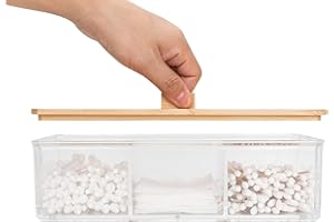 Agirlvct Wood Qtip Holder,Cotton Ball and Swab Holder Organizer with Lid,Jar for Cotton Rounds,Bathroom Containers,Q-tip Dispenser,Clear Acrylic Desk Organizer for Makeup Pads,Cosmetics Bedroom