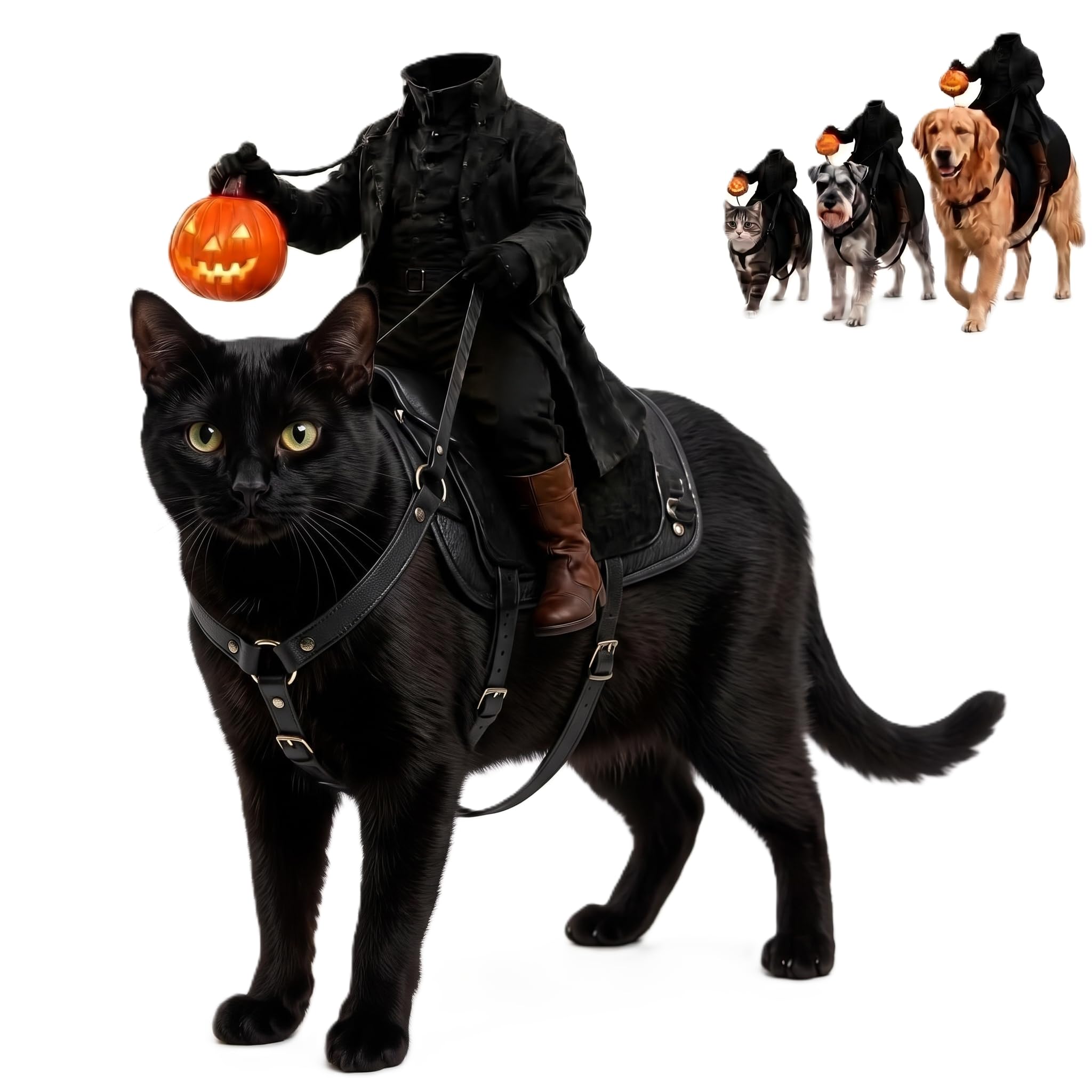 Light Up Headless Horseman Pet Costume for Dogs and Cats S/M/L | Halloween Pumpkin Rider Costume with Adjustable Harness, Fun