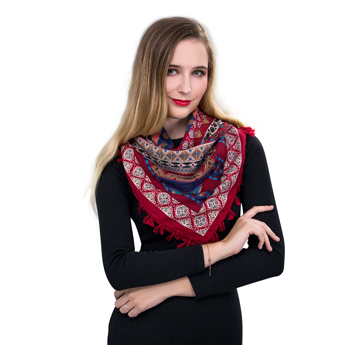 EVRFELAN Women Boho Scarf Tassel Shawl Tapestry Tablecloth Beach Towel Picnic Throw Wall Hanging Yoga Mat Ladies Cotton Scarves by Popular Handicrafts (Red2)