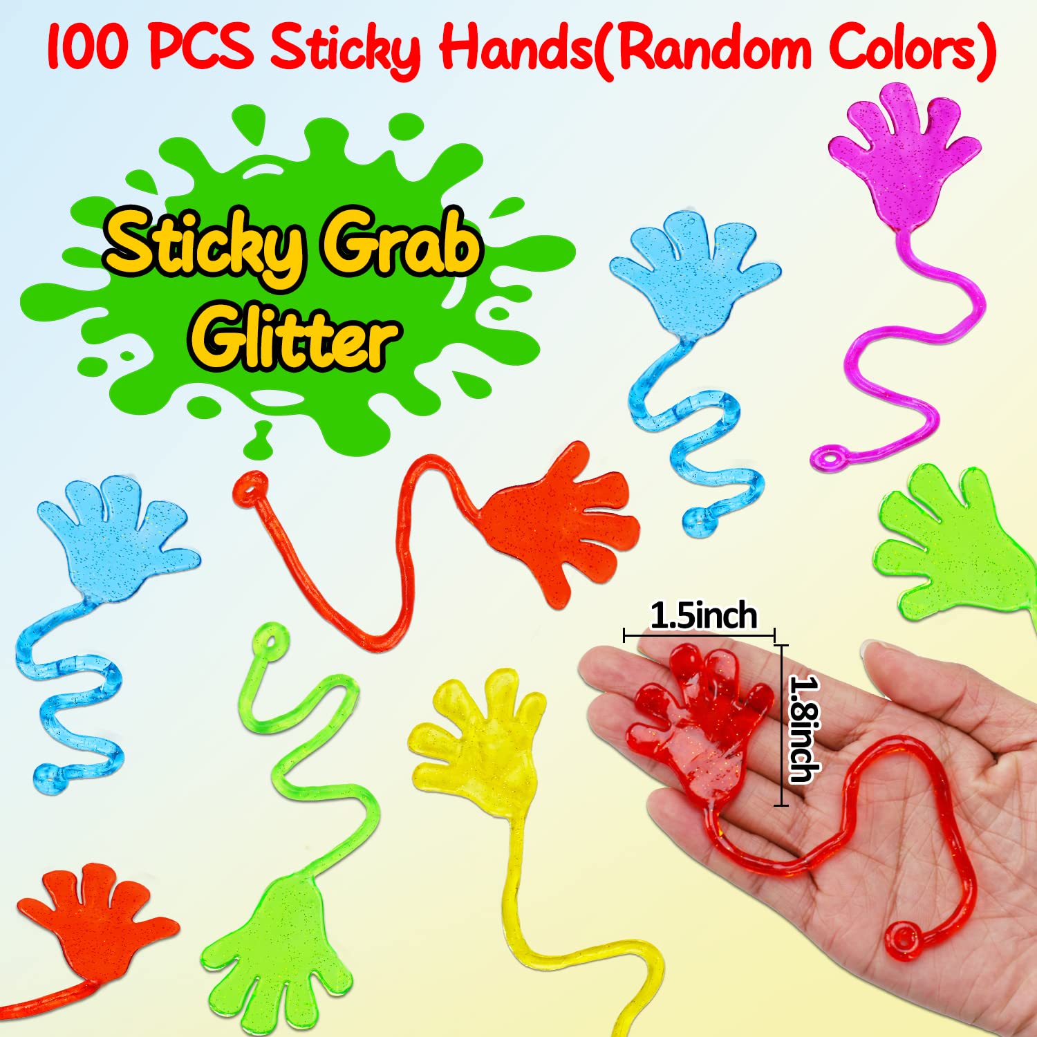 100PCS Glitter Sticky Hands Party Favors for Kids 4-8 8-12 Birthday Supplies Halloween Goodie Bag Stuffers Classroom Treasure Box Carnival Prizes Bulk Treat Trinkets Pinata Stuff Mini Stretchy Toys