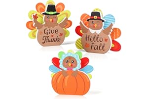 SERELIY 3 Pcs Thanksgiving Wooden Turkey Signs, Cute Thanksgiving Tiered Tray Decor, Fall Party Table Decoration for Home Kitchen (Cute)