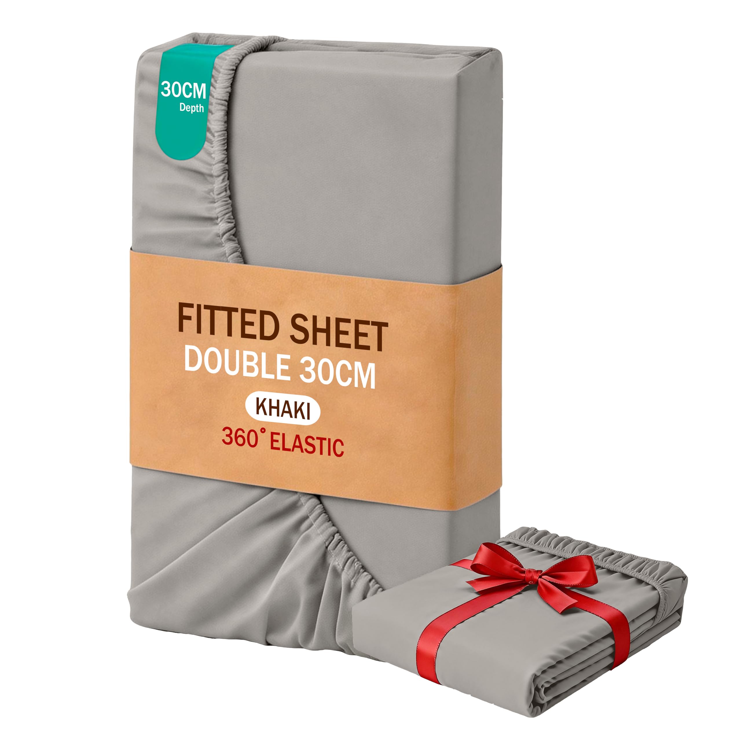 MOHAP Double Size Fitted Sheet khaki with Extra Deep 30 cm Pocket Bed Sheet Only Bedsheet Brushed Microfiber Bottom Sheet for Double Bed 135x190 Khaki