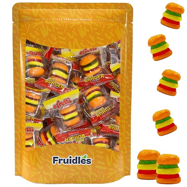 FRUIDLES HOT DOGS AND BURGERS GUMMIES CANDY, SOFT CHEWY GUMMY CANDY (BURGERS, 16-PACK)