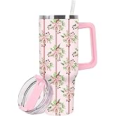 JarThenaAMCS 1Pc Christmas Tumbler with Handle Lid Straw 40oz Pink Bow Holly Berry Stainless Steel Travel Tumbler Coffee Cup for Women Girl Xmas Winter Holiday Party Favor