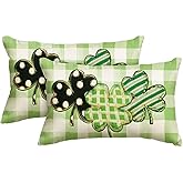 AVOIN colorlife St Patricks Day Clover Buffalo Plaid Throw Pillow Cover, 12 x 20 Inch Polka Dot Shamrock Cushion Case Decoration for Sofa Couch Set of 2