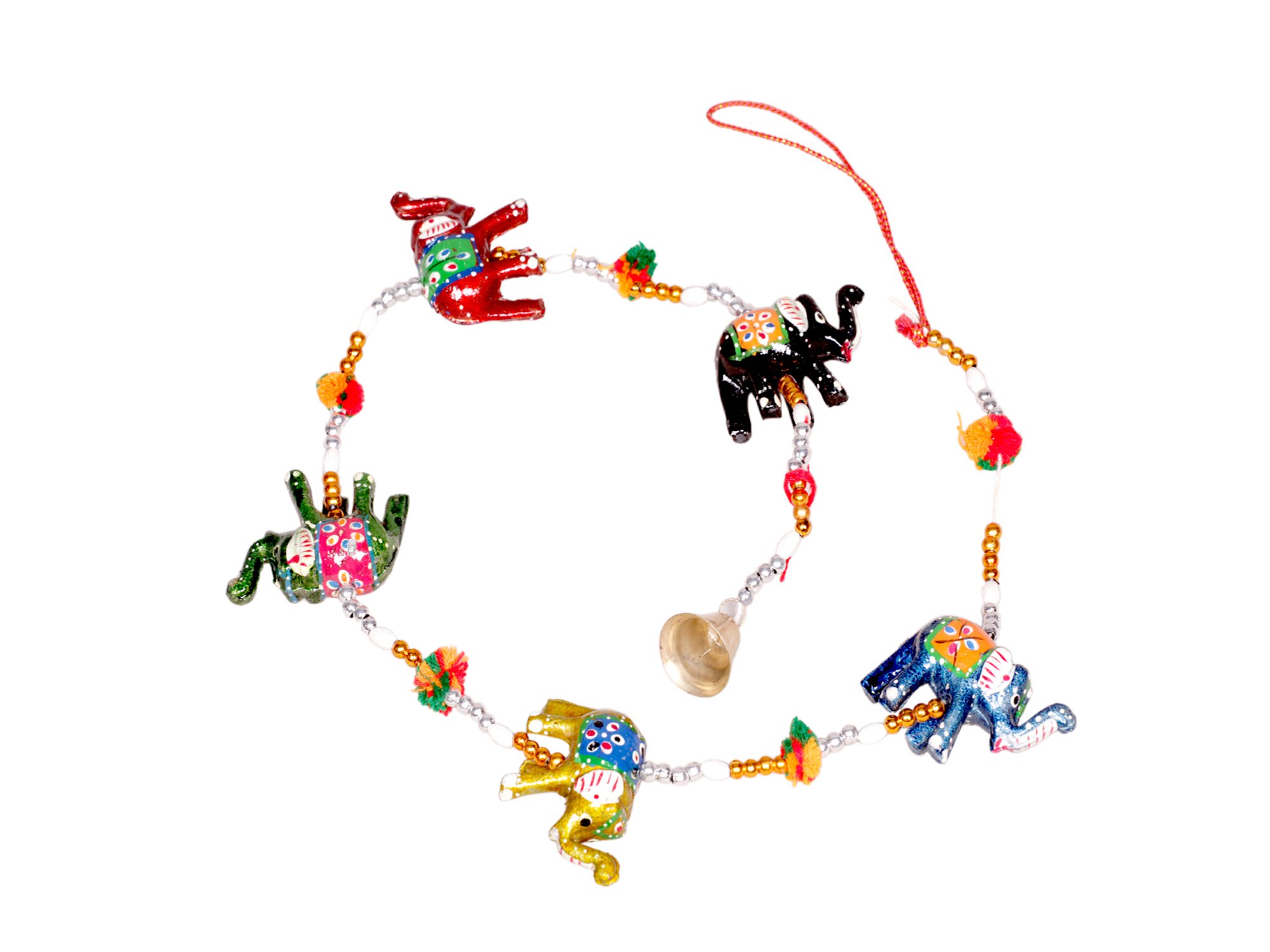 Rastogi Handicrafts Indian Door Hanging Ethnic Kalamkari Hand Painted Elephants Stringed Together With Beads and Bell Christmas Decoratio