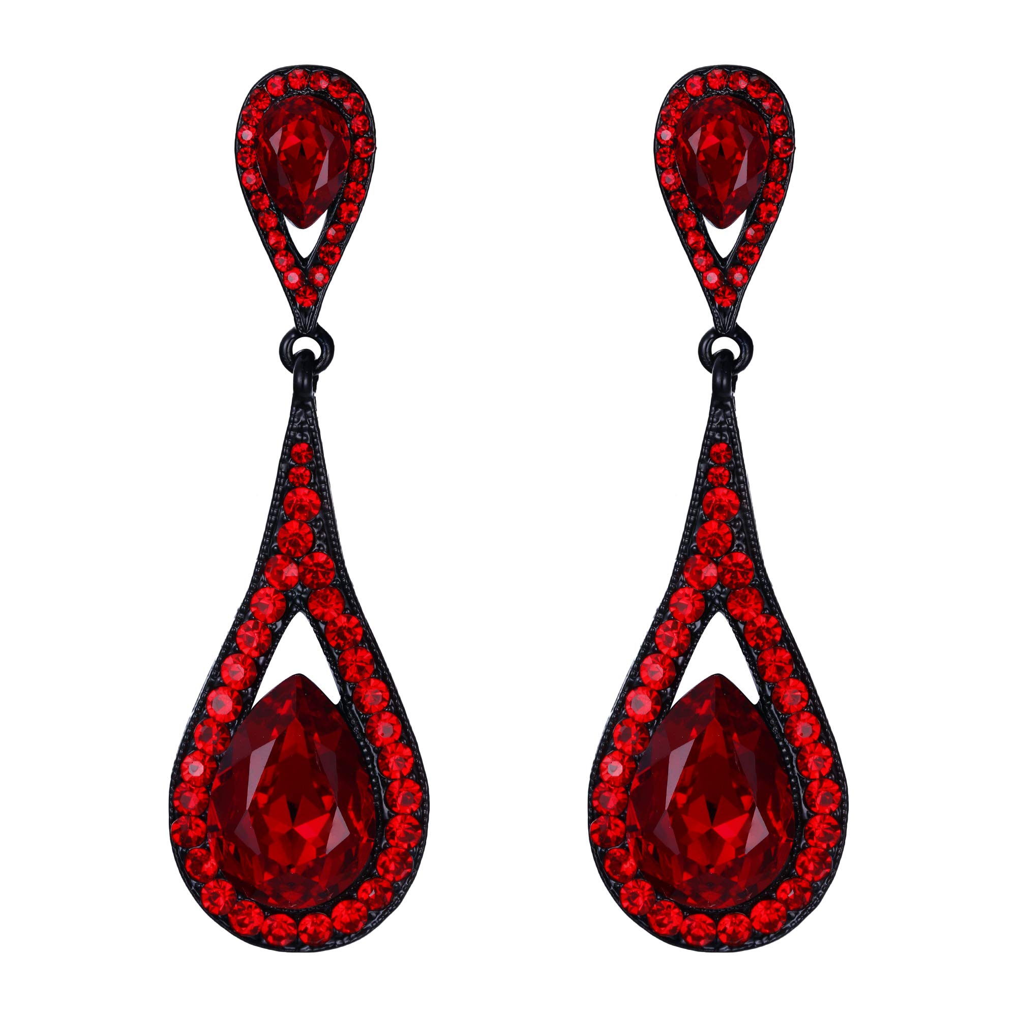 EVER FAITH Red Crystal Teardrop Dangle Earrings for Women Girls, Sparkly Rhinestone Vintgae Statement Drop Pierced Earring Wedding Prom Birthday Party Jewellery for Brides Bridal Black-Tone