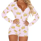 Piacakece Women's Sexy V-Neck Button Romper Long Sleeve Printed One-Piece Shorts Jumpsuit Valentines Outfit