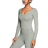 INGIA Womens V-Neck Long Sleeve Workout Crop Tops Slim Fit Padded Athletic Shirts Casual Yoga Gym Tops