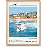 HesenDot Natural OAK Wood San Diego Surfing Framed Wall Art,12x16in Natural Seascape Canvas Wall Print,Classic Urban Landmark Wall Decor for Living Room,Bedroom,Office Gallery Gifts Set of 1