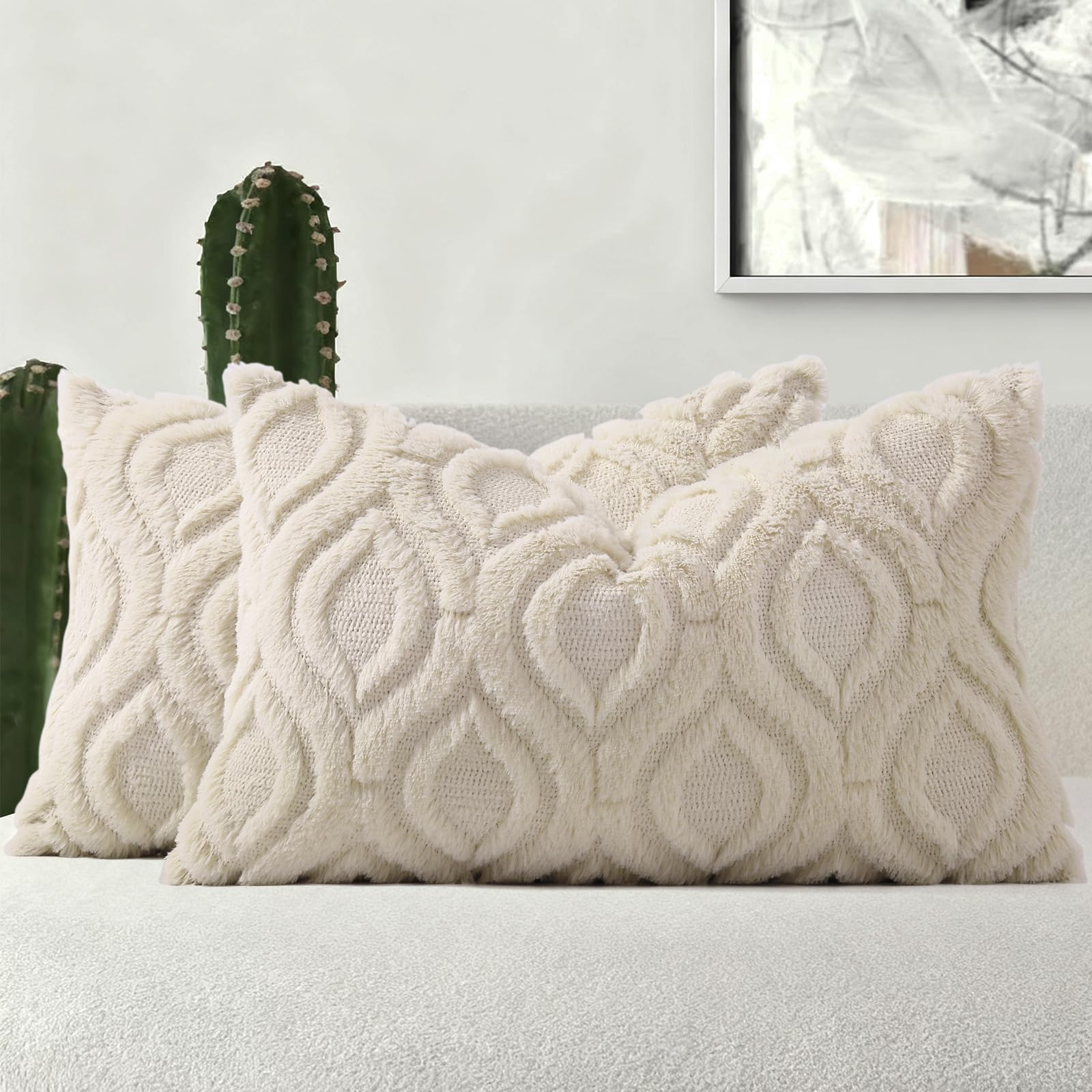 decorUhome Set of 2 Faux Fur Cushion Covers 30x50 cm, Decorative Soft Plush Fluffy Velvet Cushion Cover 12X20 Inch, Rectangle Boho Neutral Pillow Case for Sofa, Beige — image 1