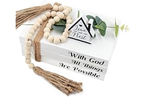 TARKLANDA Wood Decorative Books for Home Decor,Rustic Farmhouse Book Stack Wood Faux Books for Living Room Book Shelf Decor Decorative Books Display with Wood Bead Tassels and Leaves for Home Decor