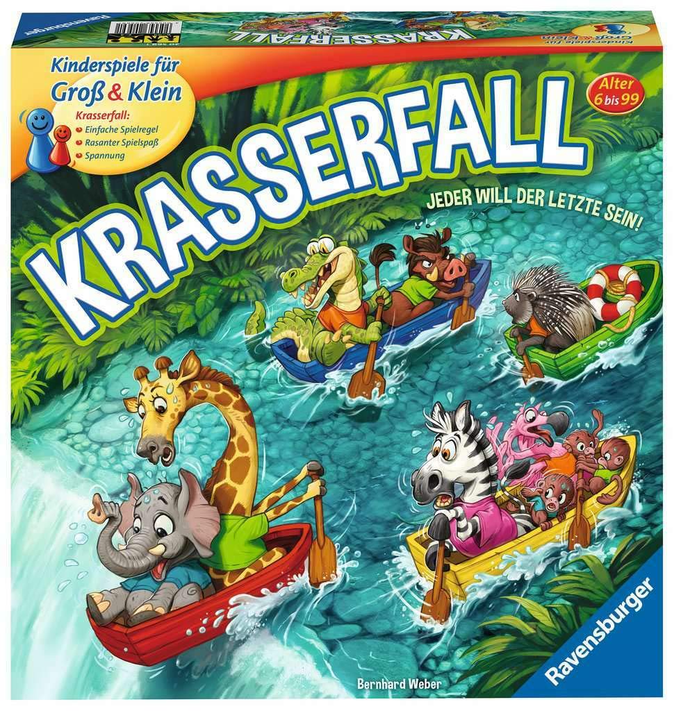 Ravensburger 20569 - Krasserfall - rasantes Brettspiel für Familien und Kinder - Wettkampf für 2 bis 4 Spieler, Gesellschaftsspiel ab 6 Jahren: Jeder will der Letzte sein!