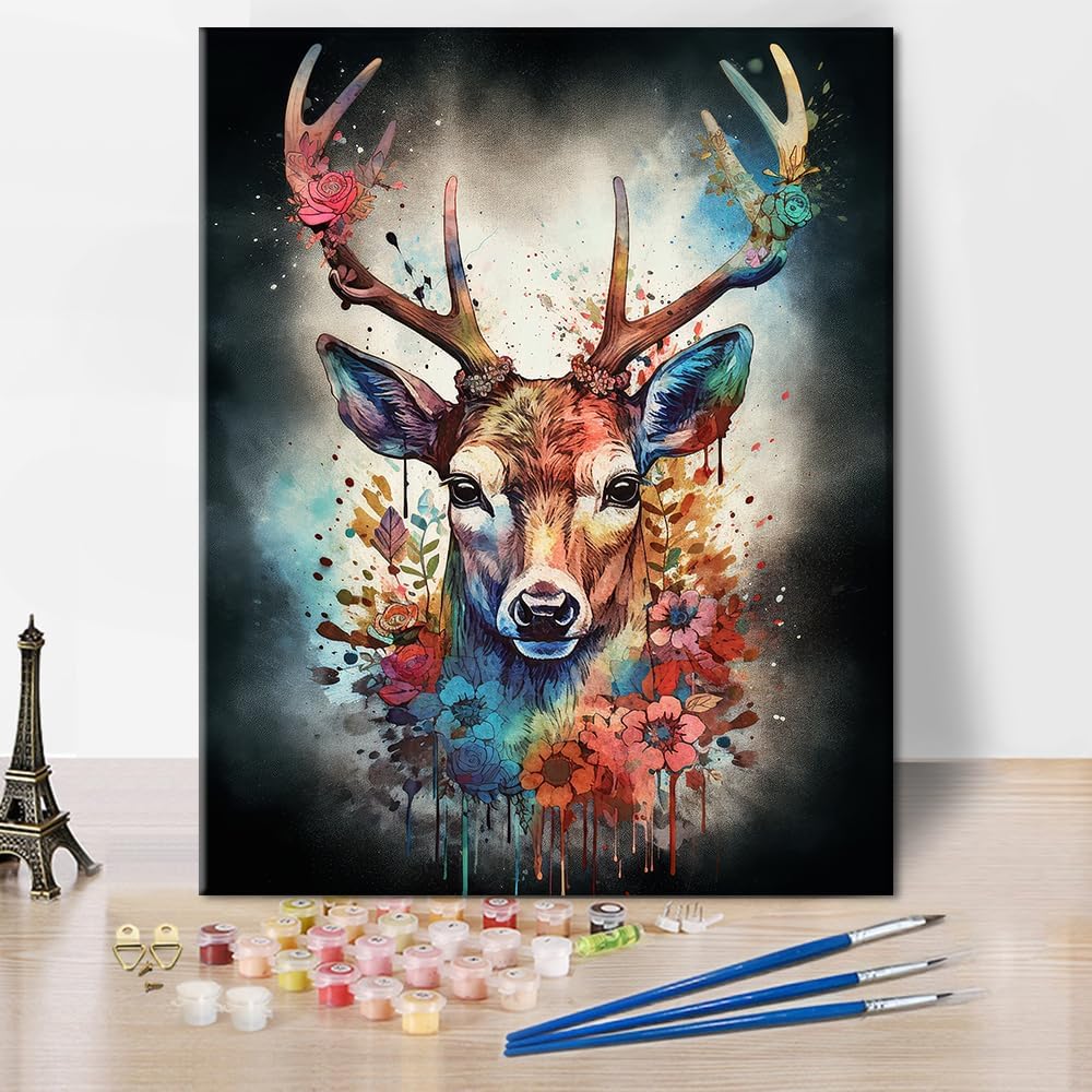 Paintings - TUMOVO Deer Paint by Numbers Adult Flowers with Deer Paint by Number for Wall Decor Animal Art Paint by Numbers for Adults Beginner Oil Painting Kits Gift for Kids and Adults 16x20inch (Frameless)