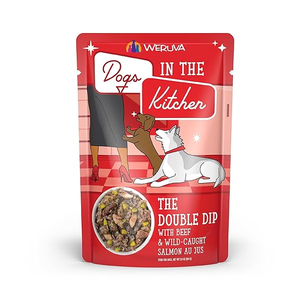 WERUVA DOGS IN THE KITCHEN, THE DOUBLE DIP WITH BEEF & WILD-CAUGHT SALMON AU JUS DOG FOOD, 2.8OZ POUCH (PACK OF 12), RED