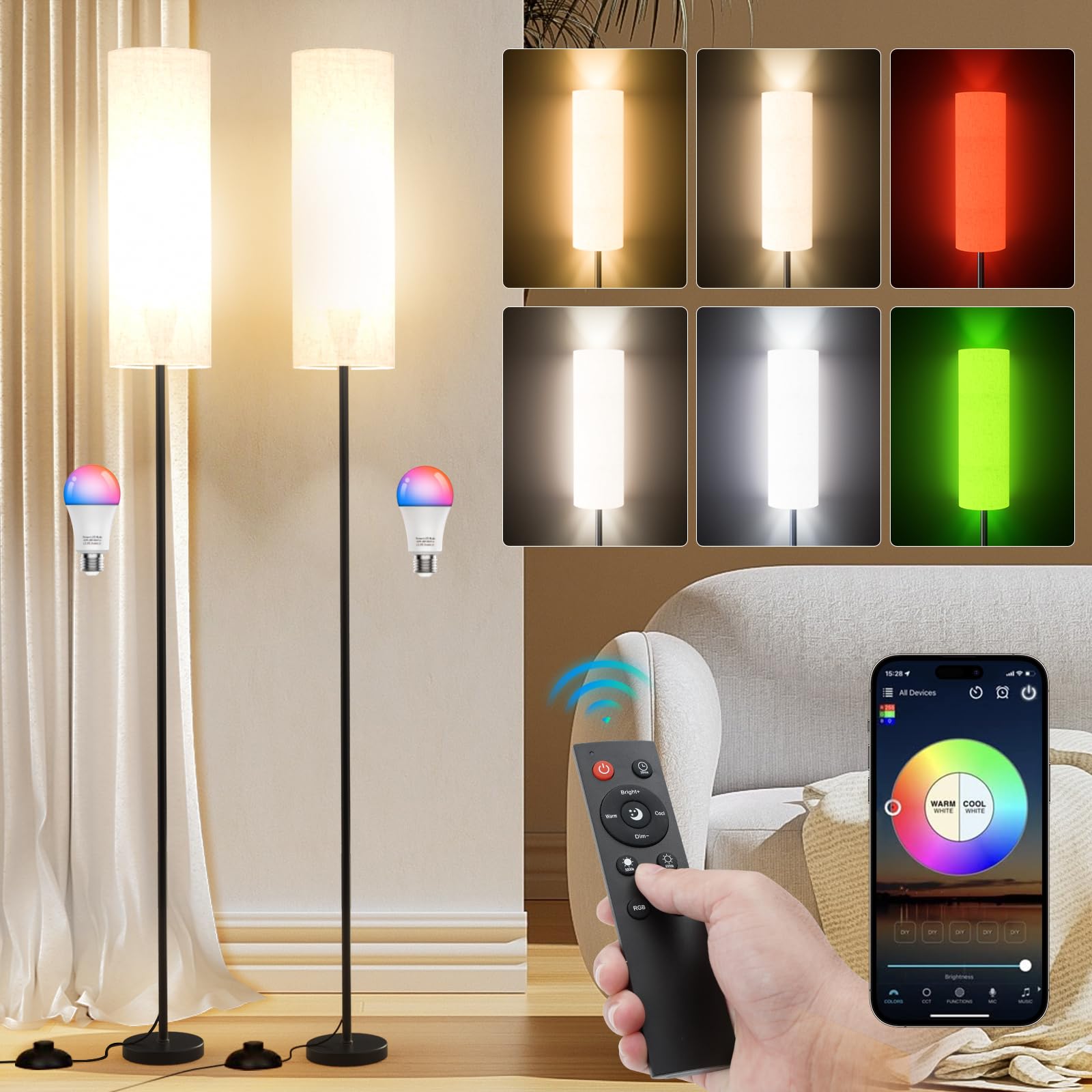Photo 1 of Frideko 2 Pack Floor Lamps for Living Room, Dimmable Colors Temperature & Brightness, Modern Floor Lamp with Remote, Tall Standing Lamps for Living Room Bedroom Office, Beige Shade 9W RGB Bulb