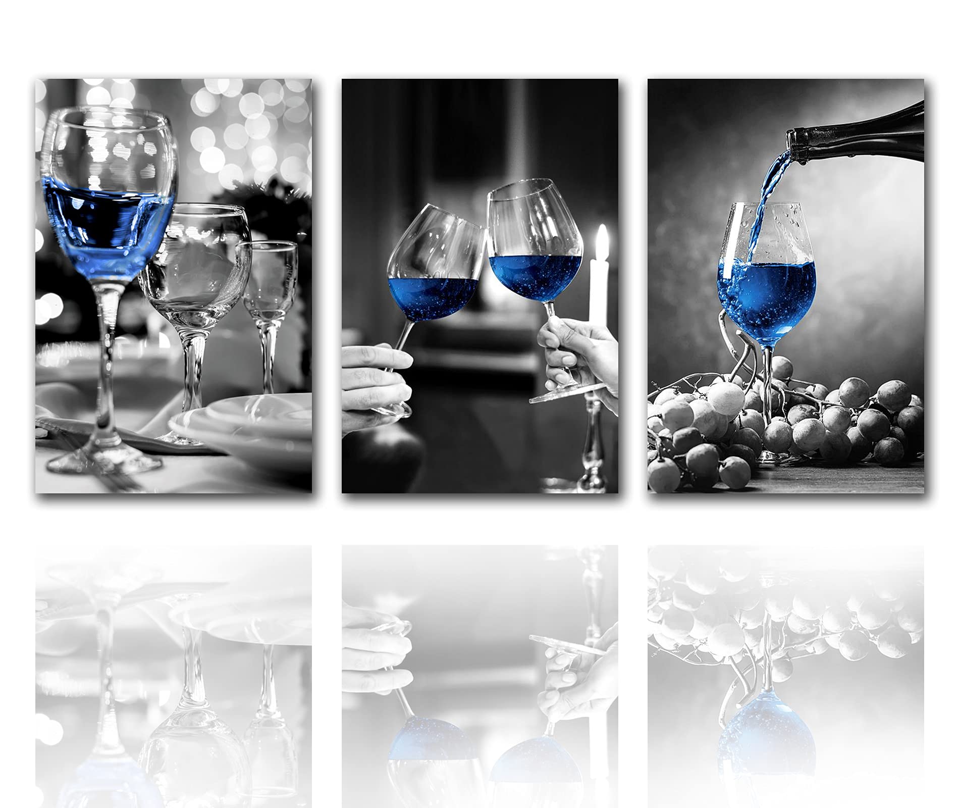 Kitchen Wall Decor Wine Glass and Grapes Pictures Black and White With Blue Wine Paintings 3 Pieces Canvas Modern Artwork Home Decor for Pubs Dining Room Wooden Framed Ready to Hang(48x24 inches)