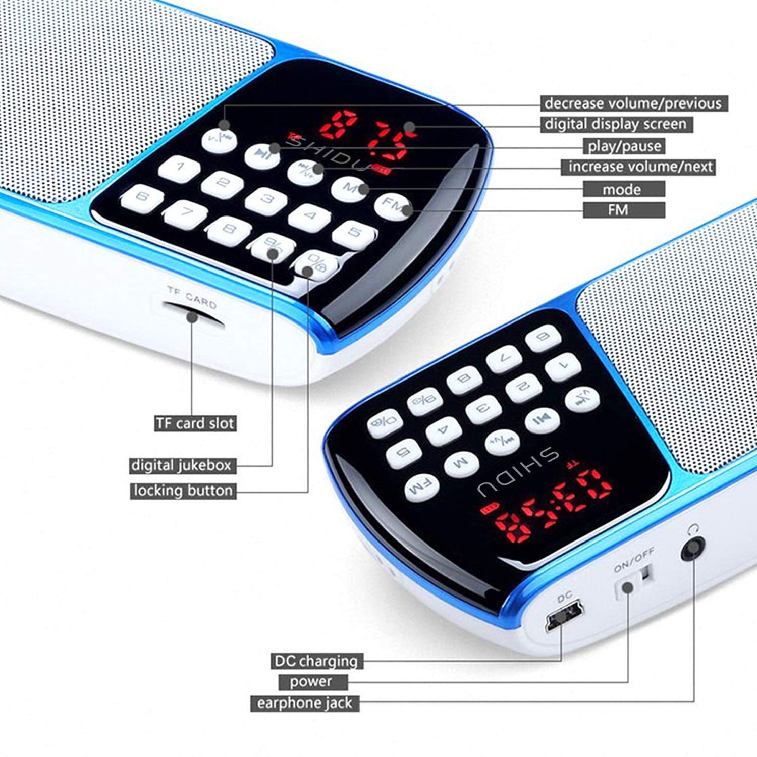 SHIDU SD-S158 Portable FM Radio with TF Card Port, Rechargeable Battery and LED Display