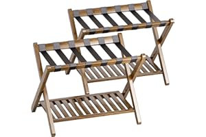 SMIBUY Luggage Rack, Set of 2, Foldable Bamboo Suitcase Stand with Storage Shelf for Guest Room, Bedroom, Hotel, Heavy-Duty (Walnut)