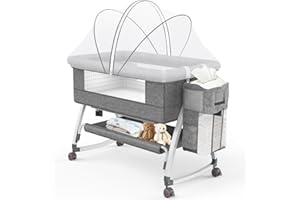 Inaya Baby Bedside Bassinet with Wheels, Multi-Function Portable Bassinet with 6-Level Adjustable Height, Breathable Mesh, and Mosquito Net, Easy-Fold Bedside Sleeper for Newborns & Infants