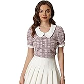 Allegra K Halloween Peter Pan Collar Blouse for Women's Button Decor Vintage Tweed Top Shirt