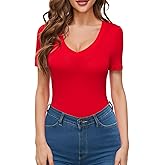 Urvicor Women V Neck Short Sleeve Tight Fitted Summer Dressy Casual Sexy Cute Tops T Shirts Tee Tshirt Clothes