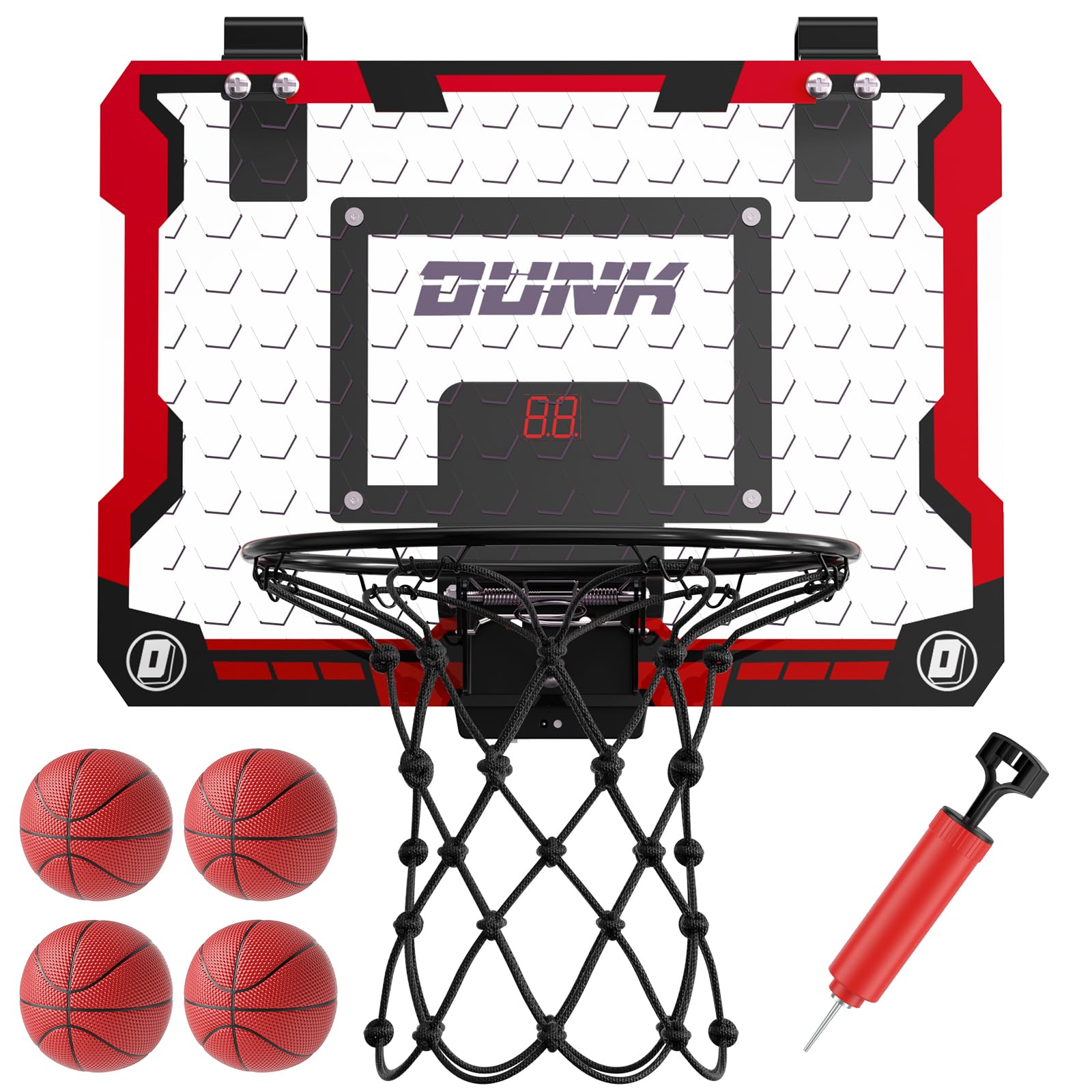 Gvdeirn Basketball Hoop Indoor Outdoor Mini Basketball Hoop for Kids with 4 Balls, 2 Nets, Air Pump, Wall Mounted, Red LED Lighting & Dual Scoreboard, Basketball Game Gift for Kids Age 5-12 Years