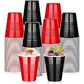 KesaPlan 100 PCS 12 OZ Plastic Cups, Happy New Year Party Cups Black and Red Cups Disposable Drinking Cup Bulk For Christmas Graduation Wedding Birthday Halloween Family Gathering Festive Celebrations