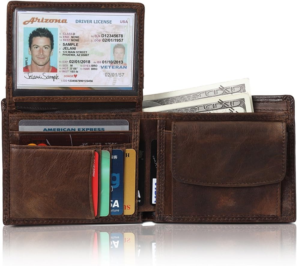 Fezhiomu Original Classic RFID Men's Bifold Genuine Leather Wallet and Purse Credit Card Holder Case with Gift Box