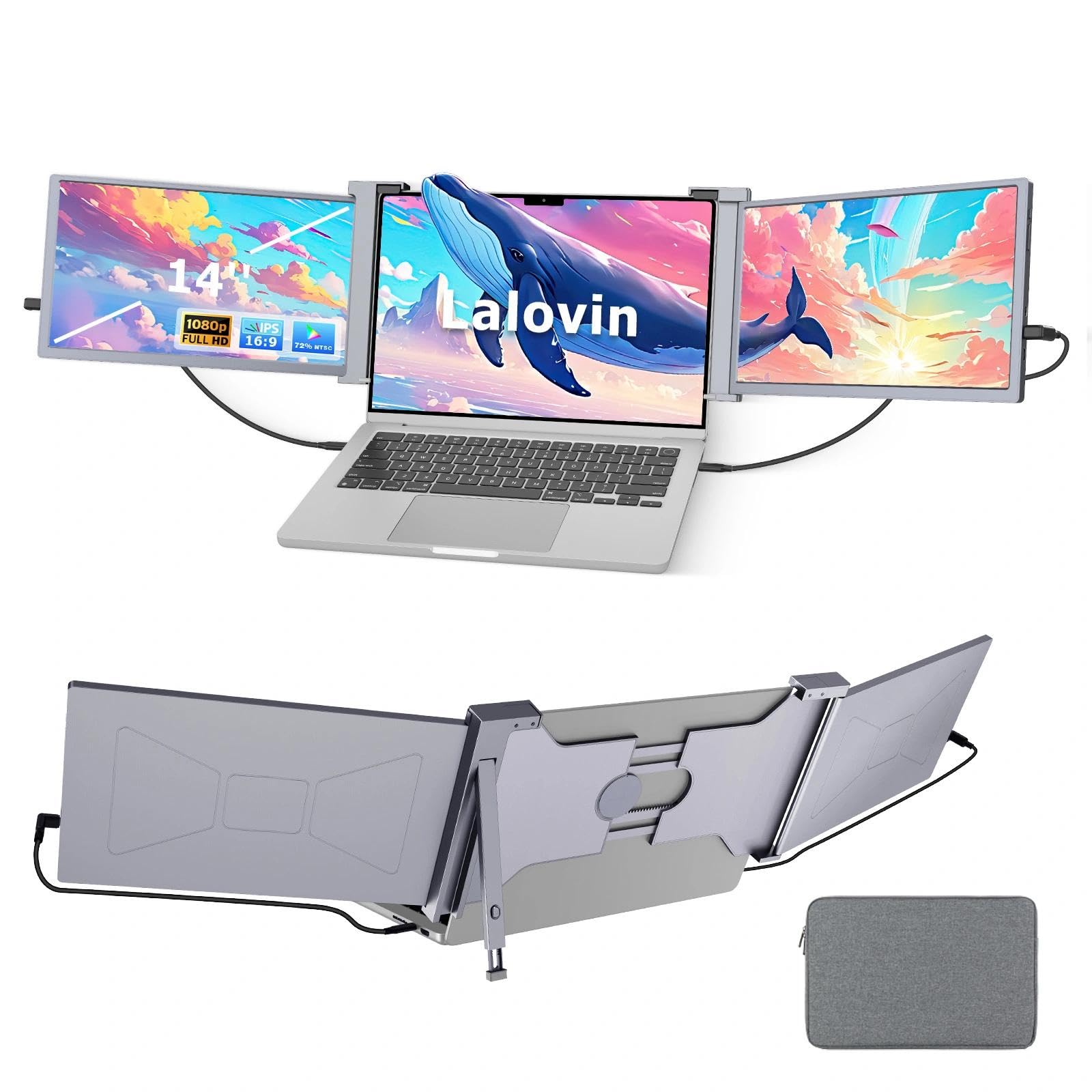 Photo 1 of Lalovin 14" Laptop Screen Extender, 1080P FHD IPS Triple Portable Monitor for 14"-17.3" Laptop, Plug & Play Monitor Extender with USB-C/HDMI Port for Mac/Windows/Chrome/Android, Gray