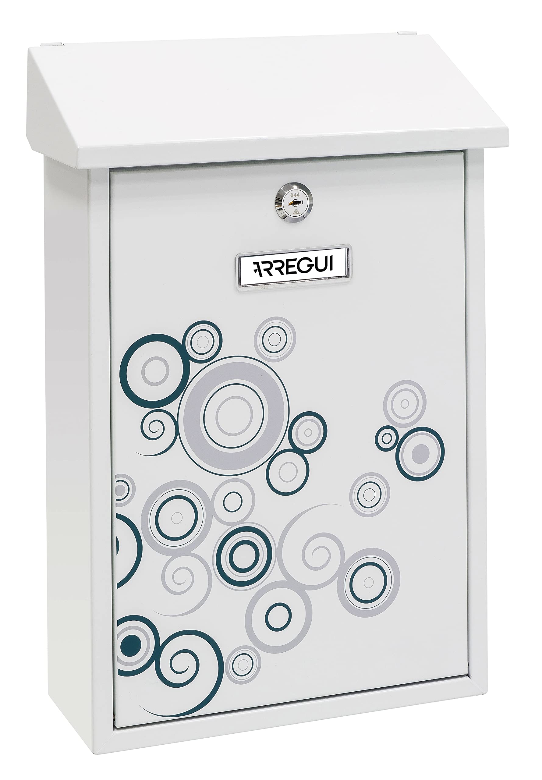 ARREGUI Premium E5606 Galvanised Steel Letterbox with Screen Print Spark Motif Size M (A4 Post) Wall-Mounted Letterbox for Outdoor Use with Flap White with Grey and Black