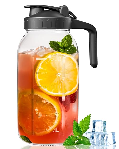 64 oz Mason Jar Pour Spout, 2 Quart Glass Water Pitcher with Lid, Airtight Seal for Great for Iced Tea,Juice,Milk,Coffee,Sun Lemonade, Set of 1(Black)
