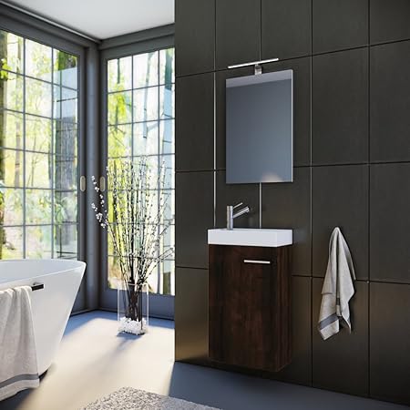 Planetmöbel Badmöbel Set Gäste WC Gäste Bad Waschtischunterschrank Spiegel mit LED Leuchte Waschbecken 40 cm braun (Wenge)