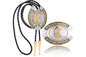 Btilasif 2 Pieces Western Cowboy Belt Buckle Bolo Tie Set Initial Letters A-Z Golden Rodeo Leather Necktie for Men Wedding