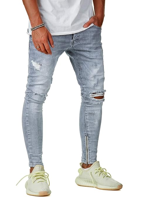 EightyFive Herren Destroyed Jeans-Hose Zerrissen Skinny Fit Blau 7/8 Bein EFJ3315