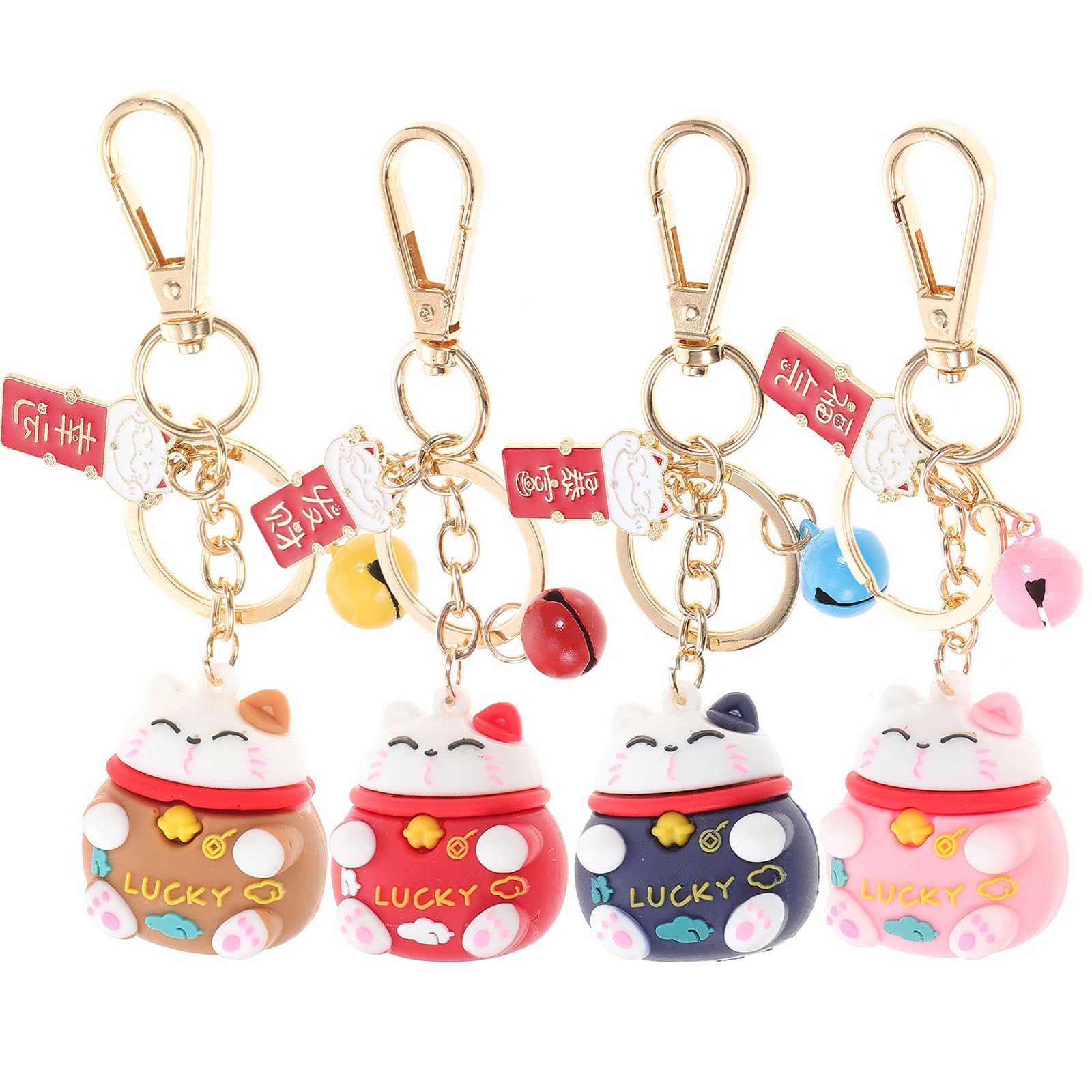 Lucky Beckoning Cat Keychain with Bells Pendants 4Pc- Fortune Lucky Maneki Beckoning Neko Keyring for Handbag Backpack Phone Purse Funny