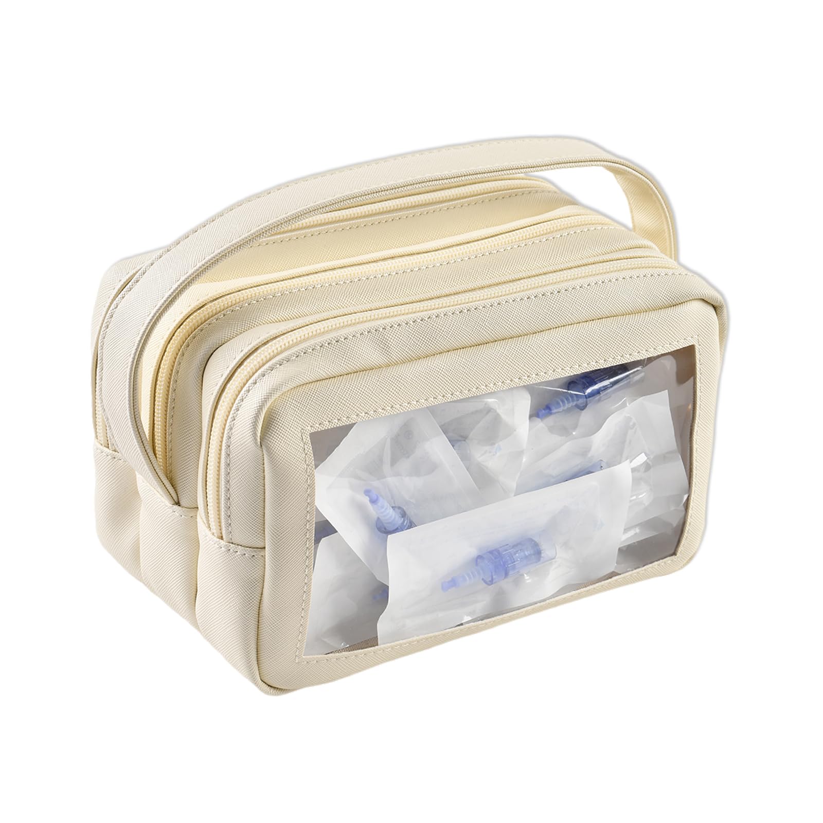 Makeup Bag Large Capacity, Waterproof Travel Cosmetic Bag for Professional Microneedling Pen & Replacement Cartridges, Portable Cosmetic Organizer for Women Girls (Milky White, Bag Only)