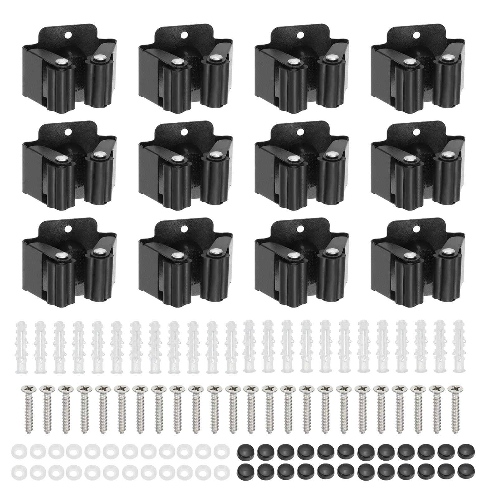 PATIKIL Broom and Mop Holder, 12 Pack Wall Mounted Stainless Steel Mop Hanger Heavy Garden Tool Organizer Rack Hanging Clips with Screws for Home Garage, All Black