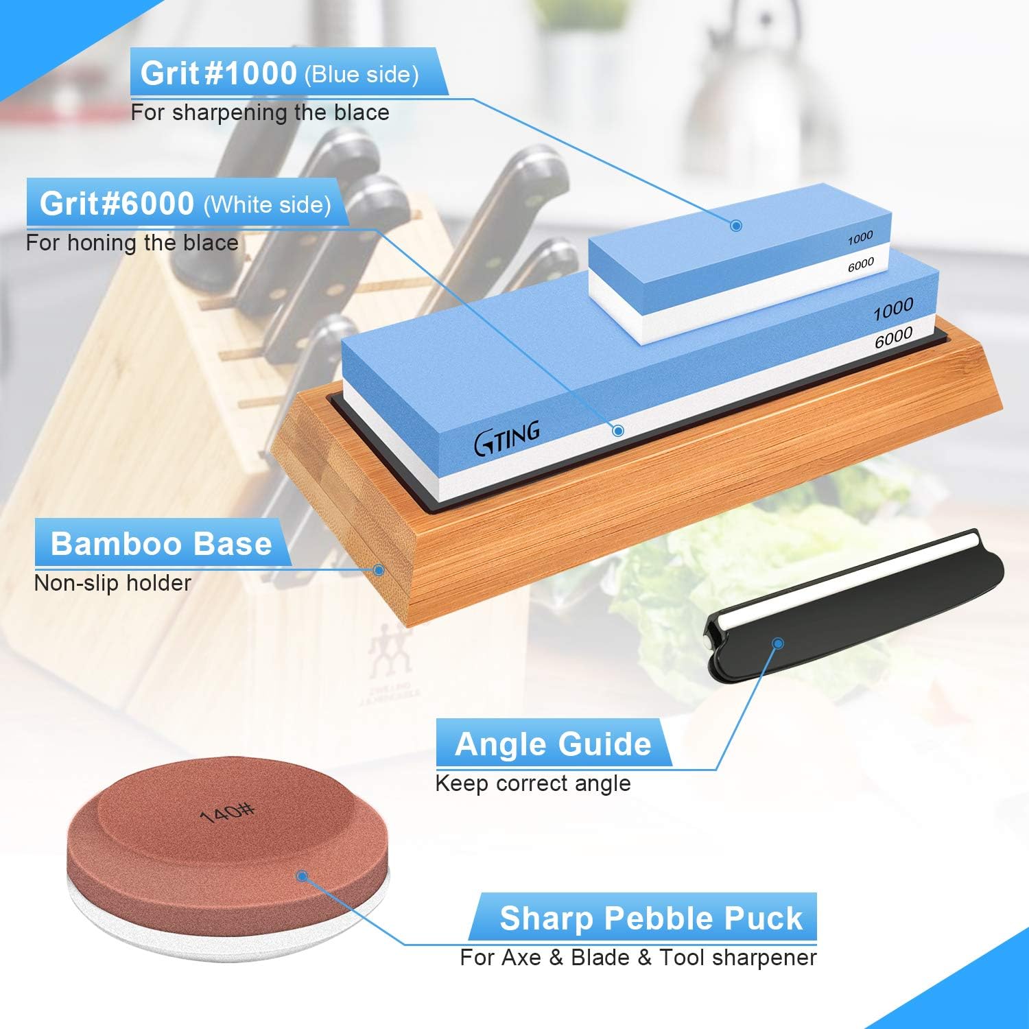 Whetstone Knife Sharpening Stone Set, G-TING 140/320, 1000/6000 Grit Whetstone Sharpener, Dual Grit Multi-Purpose Sharpener, Polishing Tool Sharpener Hatchet Large Sharpening Stone Kit - - 