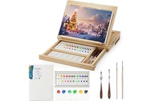 LUCYCAZ Tabletop Easel Set, Easel for Painting Canvases, Portable Wooden Art Easel Painting Kits for Adults Artist Kids, 12 Colors Acrylic Paints, 2 Brushes, Palette and Knives
