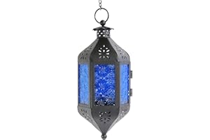 VELA LANTERNS Hanging Decor Moroccan Lamp Decorative Lantern Indoor Outdoor Candle Holder for Patio or Porch, Weddings, Christmas, Cobalt Blue Glass