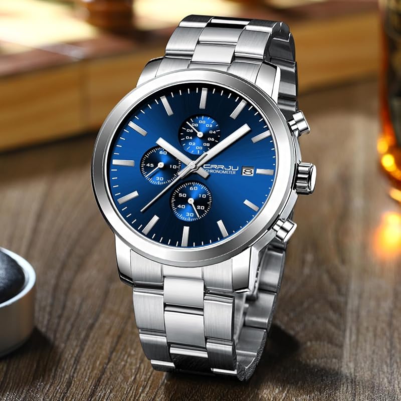 Orologi da polso da uomo eleganti e casual, al quarzo, di lusso, impermeabili, con calendario, cronografo, movimento giapponese, S blu argento, classico