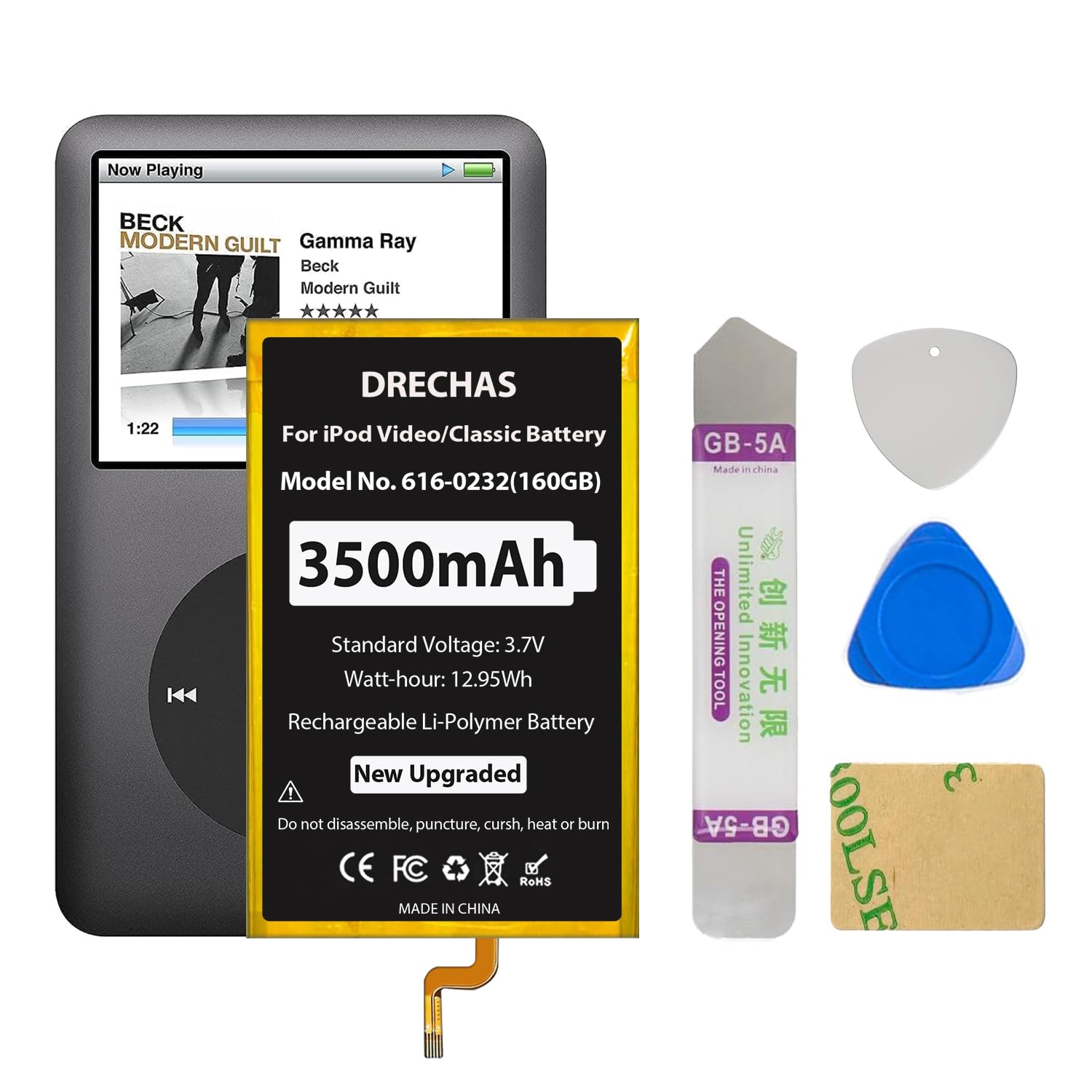 Photo 1 of DRECHAS [3500mAh] Battery for iPod Classic/Video Thin, 2025 New Upgraded Capacity Replacement Battery for iPod 5th - 7th Generation Video Classic Thin 160GB with Repair Tool Kit