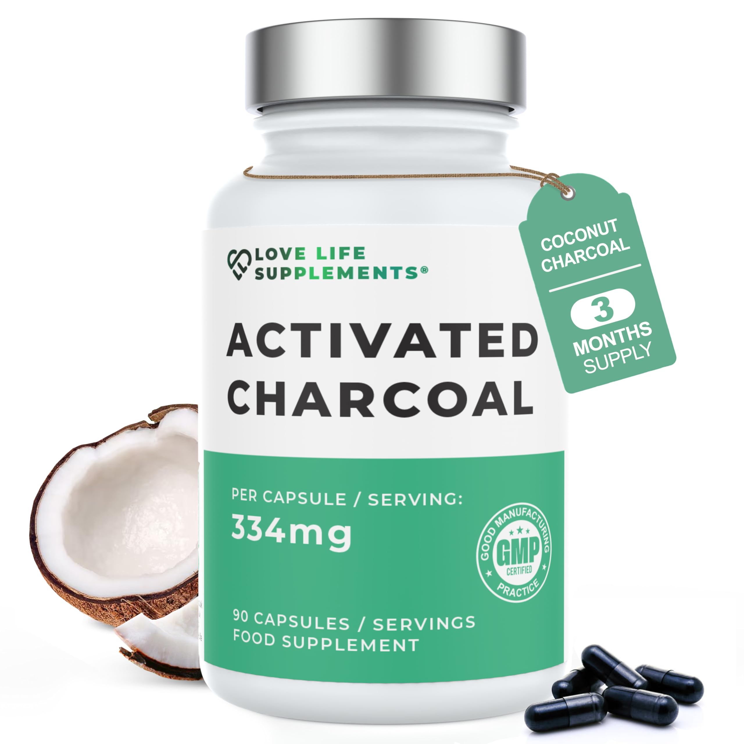 High Strength Activated Charcoal Capsules | 334mg Per Capsule (not Tablets) | 3 Month Supply | for Bloating Relief, Gas, Digestion, Flatulence, Detox | 100% Coconut Charcoal