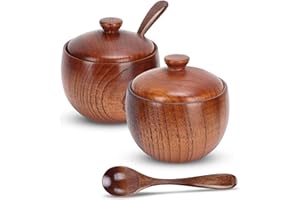 CYRANK 2 Sets Sugar Bowl with Lid and Spoon, Wooden Condiment Jar Spice Container Sugar Jar Wooden Salt Container Spice Box Seasoning Box for Kitchen