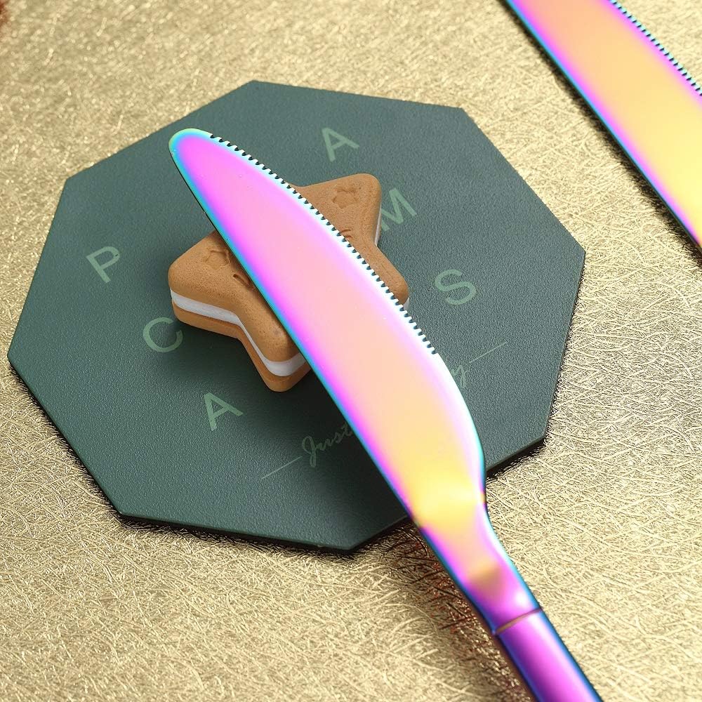  | Rainbow Dinner Knives 4 Pieces, Homquen Sturdy 9" Stainless Steel Modern Design Knife, Colorful Titanium Plating Knifes Set With Round Edge Dishwasher Safe: Flatware Sets
