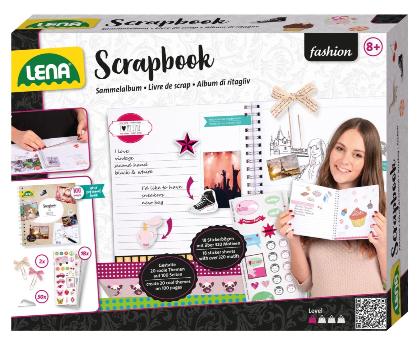 Lena 42332 - Handcraft set Scrapbook, complete with album, blanks for 20 topics, 18 sticker sheets with 300 motives, photo corners and 2 ribbon clips, creative set for children from 8 years of age